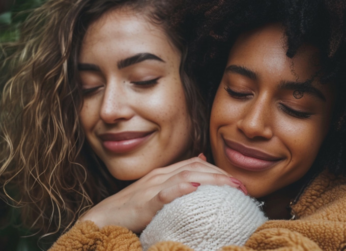 Two smiling women hugging